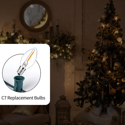 25 Pack LED Night Light Bulb, C7 Clear Replacement Bulbs, Christmas Lights Bulbs for Halloween Outdoor String Lights Decor, E12 Candelabra Base, 0.6 Watt C7 Bulbs Warm White