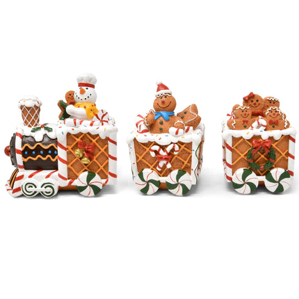 Boutique Christmas Gingerbread Express Train Table Decor 3 Piece Resin Holiday Xmas Trains Figurine Shelf Sitter Tabletop Centerpiece Party Supplies Decoration