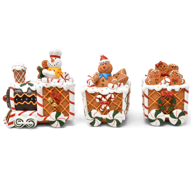 Boutique Christmas Gingerbread Express Train Table Decor 3 Piece Resin Holiday Xmas Trains Figurine Shelf Sitter Tabletop Centerpiece Party Supplies Decoration