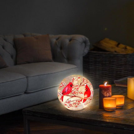 Glass Ball Light Crackle LED Night Light Red Bird Pattern Battery Operated Light Tabletop Decorative Sphere Lamp LED Orb Table Lamp for Outdoor Living-Room Pathway Patio Yard Lawn Bedroom