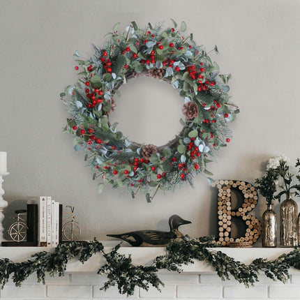 20 Inches Christmas Wreath Winter Wreaths Holiday Christmas Wreaths for Front Door Christmas Berry Wreath with Pine Needles Pine Cones Red Berries for Window Indoor Outdoor Winter Decorations