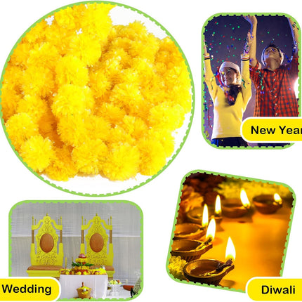 Giegxin 15 Pack Marigold Garland 5 ft Long Strands Day of Dead Faux Marigold Flowers Diwali Decor Artificial Marigold Flowers Indian Decor for Wedding, Christmas, Events(Yellow)
