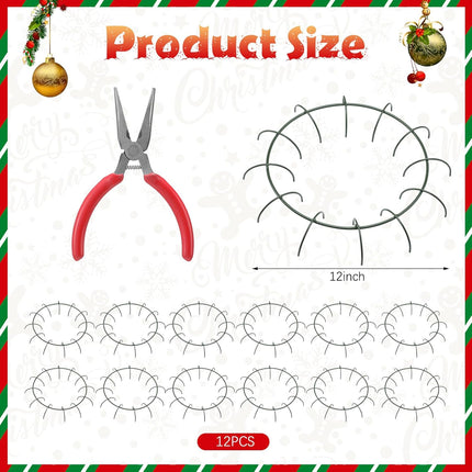 12 Pcs 12'' Christmas Wire Wreath Frames with Plier Metal Live Wreath Form Heavy Duty Wreath Frame Round Wreath Making Rings Base, Adjustable Shape, for Christmas, Green