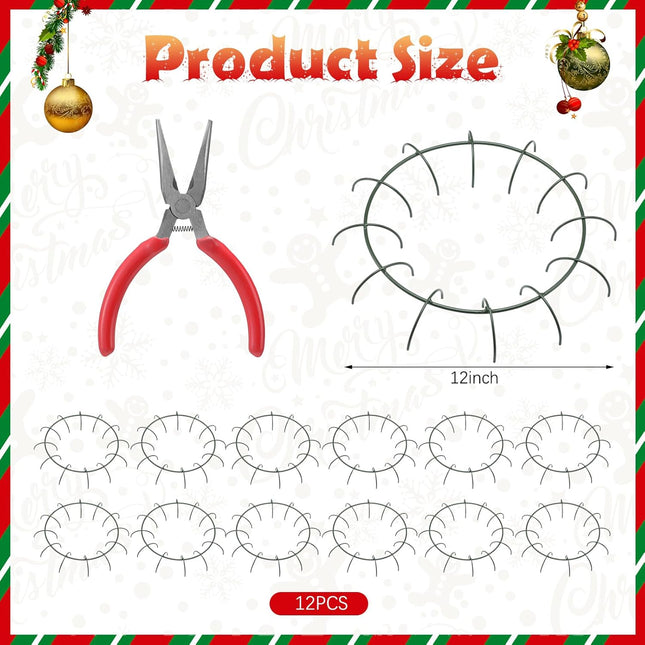 12 Pcs 12'' Christmas Wire Wreath Frames with Plier Metal Live Wreath Form Heavy Duty Wreath Frame Round Wreath Making Rings Base, Adjustable Shape, for Christmas, Green