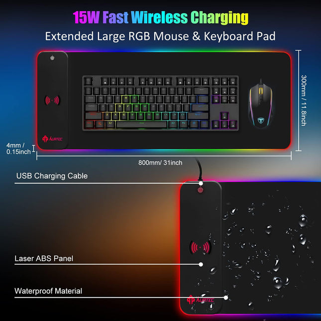 RGB Gaming Mouse Pad with 15W Fast Wireless Charging, AURTEC Extra Large Waterproof and Non-Slip Rubber Base Mouse and Keyboard Mat with 10 Lighting Modes, for Gaming, Working, PC, Mac.