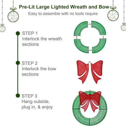 Lighted Christmas Wreaths, 48’’ Handmade Classic Christmas Wreaths with 50 Red and 120 Warm White LED Lights for The Outdoor Christmas Decoration-Green