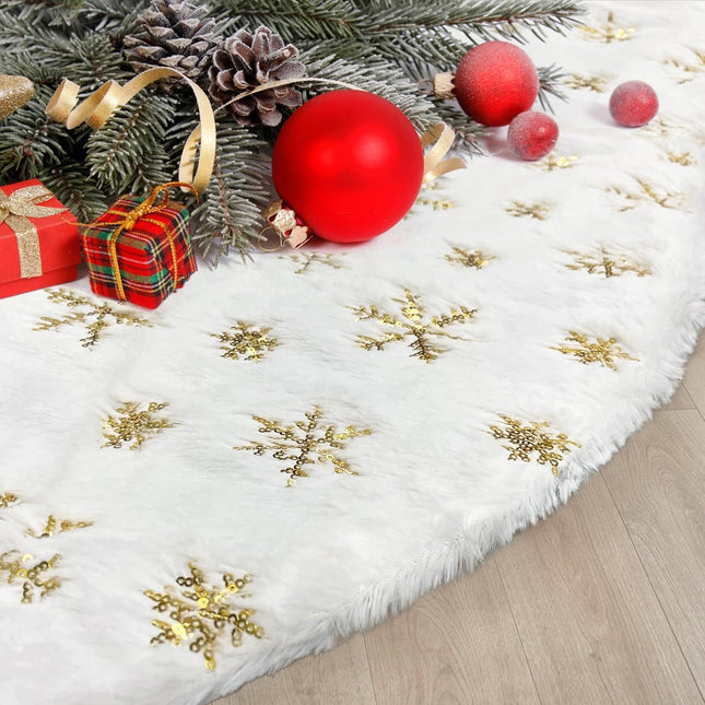 Christmas Tree Skirt 60 Inch, Gold Snowflake White Christmas Tree Decorations Indoor Sequin Tree Collar Faux Fur Plush Rug Xmas Large Mat Decor Ornaments for 4ft-9ft Tree