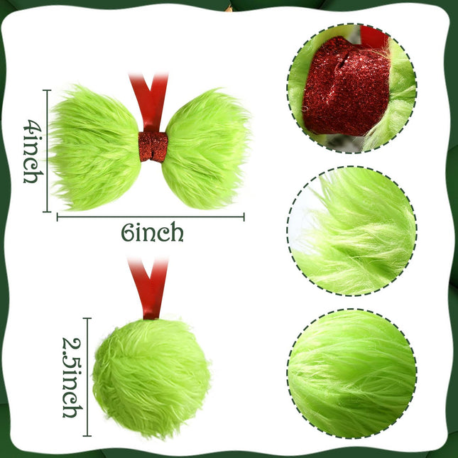 Christmas Decorations Indoor: 12pcs Green Plush Faux Fur Christmas Tree Ornaments, Fluffy Grinchmas Hanging Bows Xmas Ball Ornaments for Tree Garland Fireplace, Home School Office Décor