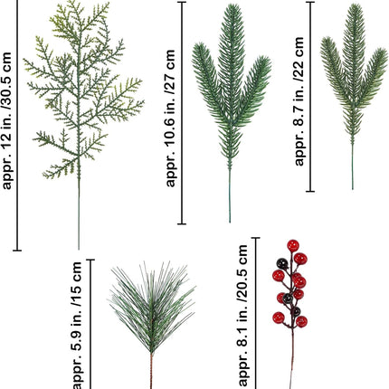 Winlyn 65 Pcs Artificial Pine Branches and Red Berries Stems Christmas Greenery Stems Cedar Picks for Christmas Tree Wreath Winter Wedding Holiday Floral Arrangement Table Centerpiece DIY Crafts