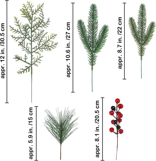 Winlyn 65 Pcs Artificial Pine Branches and Red Berries Stems Christmas Greenery Stems Cedar Picks for Christmas Tree Wreath Winter Wedding Holiday Floral Arrangement Table Centerpiece DIY Crafts