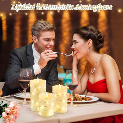 Palmatte 3PCS Fall Christmas Flameless Candles with Remote Timer String Lights 3D Flame, Electric Battery Operated Candles Flickering Fake Led Pillar Candles Fall Decorations for Home Table Room Decor