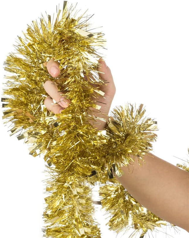 32ft Christmas Tinsel Garland,Christmas Tree Ornament Metallic Tinsel Twist Garland Glitter Gold Tinsel Thick and Full Tinsel Sparkly Classic Party Hanging Xmas Tree Ceiling Decorations