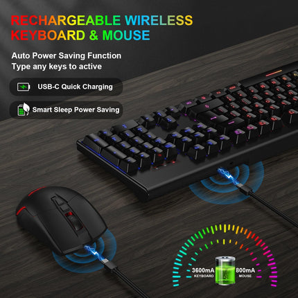 Wireless Gaming Keyboard and Mouse, Rechargeable Rainbow Backlit Wireless Keyboard and Ergonomic Light Up Mouse Combo for Windows, Mac, PC, Laptop
