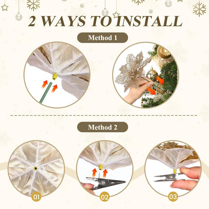 24Pcs 3 Styles 6 inch Poinsettias Artificial Christmas Flowers, Glitter Christmas Tree Decorations, Floral Ornaments for Home/Party, Xmas Decor Flowers with Clips and Stems, Champagne Gold