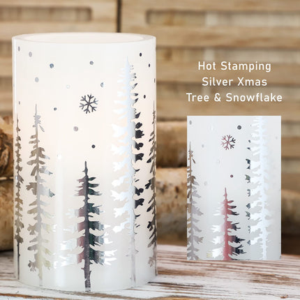 Christmas LED Flameless Candles Battery Operated, Hot Stamping Silver Xmas Tree LED Flickering Candles with Remote and Timer, Holiday Decorative LED Pillar for Xmas, Party, Bedroom