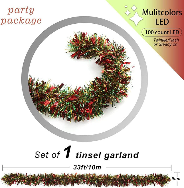 CCINEE Christmas Prelit Tinsel Garland, 33 Ft Multicolor Hanging Garland with 100 Multicolored Battery Operated LED String Lights for Christmas Tree Decoration Party Supplies