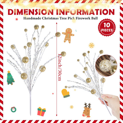 Riceshoot 10 Pcs Christmas Tree Picks 12 Inch Glitter Berry Stem Ornaments Hanging Sequins Ball Xmas Branches Large Christmas Tree Fillers Picks Toppers for Holiday Party Supplies (Champagne Gold)
