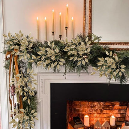 25.6" Christmas Glitter Leaves Stems, 5Pcs Artificial Champagne Leaf Spray Leaf Picks Tall Large for Christmas Tree DIY Xmas Wreath Garland Arrangment Vase Table Centerpieces Decoration Home Decor