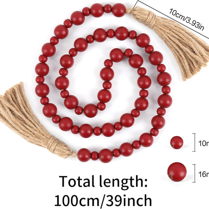 Yagoo Wood Bead Garland with Tassels, Farmhouse Rustic Decor Prayer Beads Boho Tassel Garland Decorative Beads for Home Decor (Burgundy)