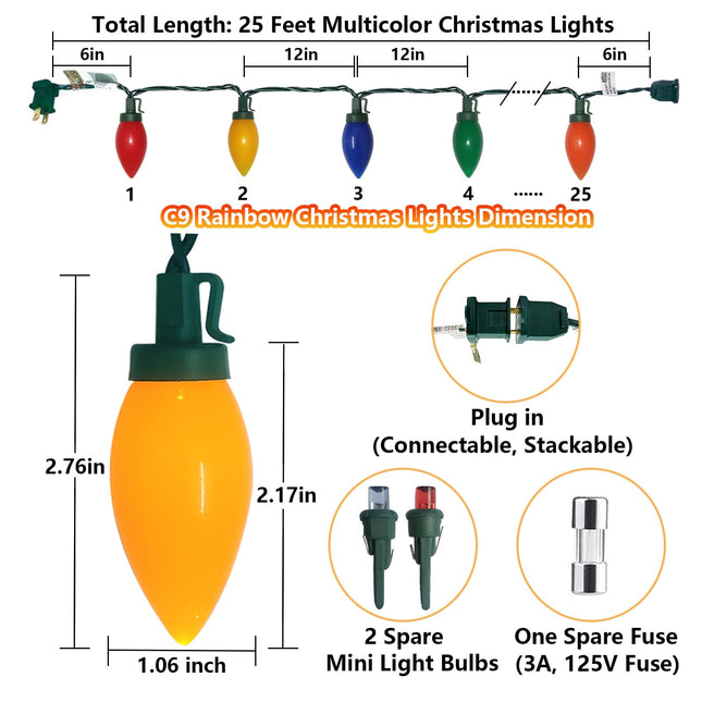 25Ft Christmas Lights Outdoor, C9 LED Christmas Lights with 25 Shatterproof Colored Light Bulbs, Plug in Vintage Multicolor Christmas Lights for Porch Balcony Wedding Party Christmas Tree Xmas Decor