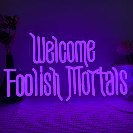Welcome Foolish Mortals Neon Sign,Dimmable Spooky Gothic Haunted Mansion Decor Coffin LED Neon Signs for Wall Decor,USB Powered Led Neon Light for Party Haunted House Man Cave Birthday Christmas s(16.19.4in) (Purple)