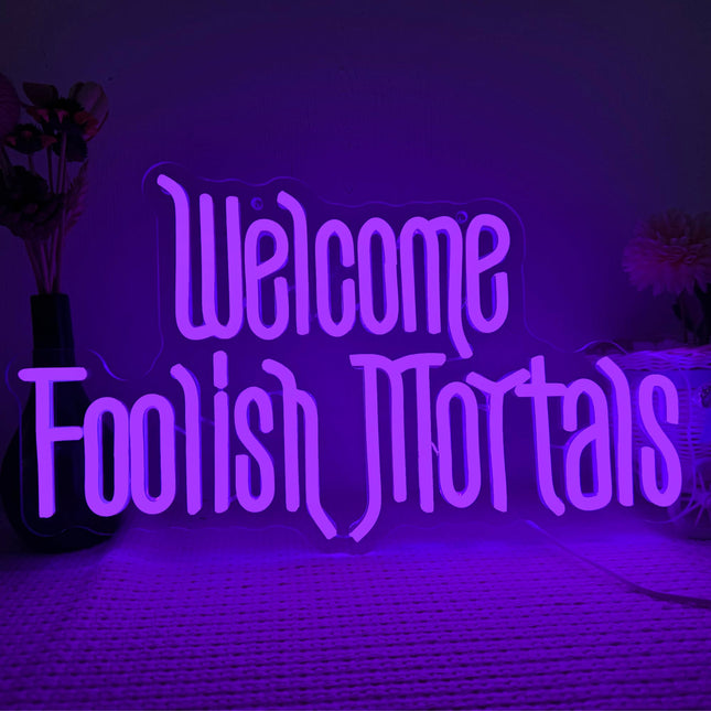 Welcome Foolish Mortals Neon Sign,Dimmable Spooky Gothic Haunted Mansion Decor Coffin LED Neon Signs for Wall Decor,USB Powered Led Neon Light for Party Haunted House Man Cave Birthday Christmas s(16.19.4in) (Purple)