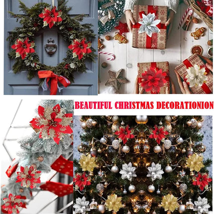 4 Pcs 5.5 Inch Christmas Poinsettia Artificial Flowers Glitter Red with Clips Stems Christmas Tree Holiday Wreath Ornaments Home Party Decor
