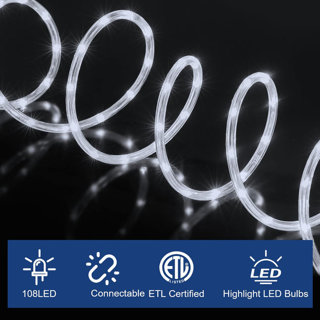 LED Rope Lights Outdoor, 108 LEDs 16Ft Connectable and Flexible Strip Lights with Holder, 110V Plug Waterproof Classic Clear Tube Lights for Indoor Outdoor Tree Garden Party Wedding Christmas (White)