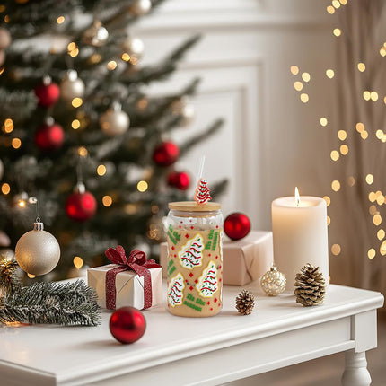 Christmas Iced Coffee Cup, Practical Birthday , 18oz Christmas Cake Tree Tumbler Can Glass, Reusable Beer Can Drinking Glass for Christmas Decor