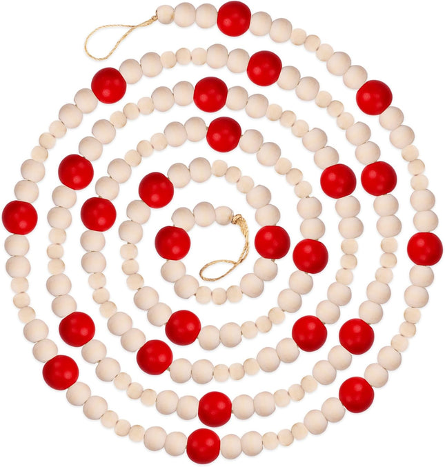 9 Foot Red & Natural Wood Bead Ball Christmas Garland Wooden Christmas Tree Garland Perfect for Rustic Country Farmhouse Vintage Trees Garland Christmas Decorations for Home Assorted Bead Sizes