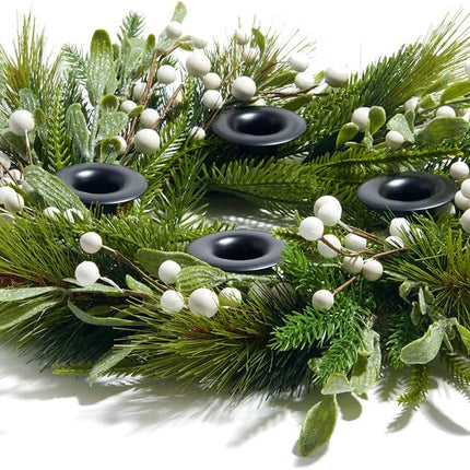LampLust Advent Wreath Candle Holder, 14 Inch Advent Candle Wreath, Pine Candle Ring with White Berries and Black Candle Holders, Traditional Catholic Advent Wreath Christmas Decoration Set