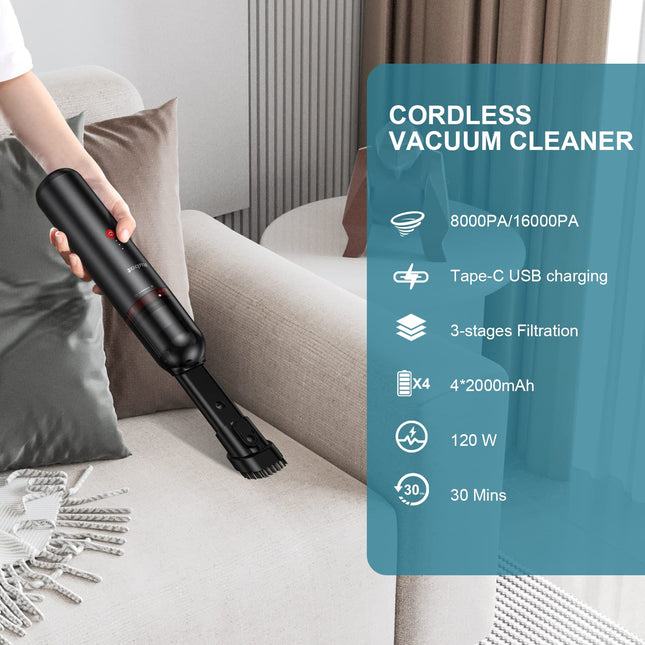Rubot Car Vacuum Cleaner, 16Kpa Strong Suction Car Vacuum Cordless Rechargeable, Hand Held Vacuum,Portable Vacuum Cleaner For Homecar, Car Charger,Mini Vacuum,Handheld Vacuum,Blackp12 Plus