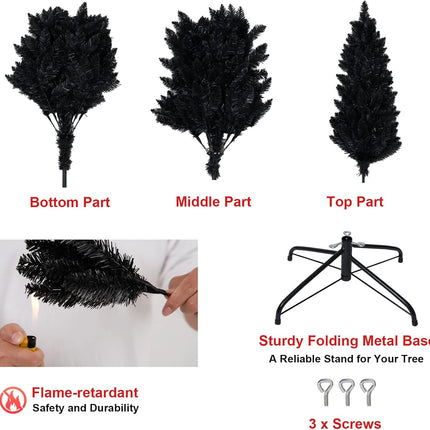 7ft Artificial Pencil Slim Black Christmas Tree Unlit-Tall Skinny Hinged Full Real Tall Halloween Xmas Tree with 950 Branch Tips-Foldable Metal Stand-Easy Setup-Holiday Outdoor Indoor Décor