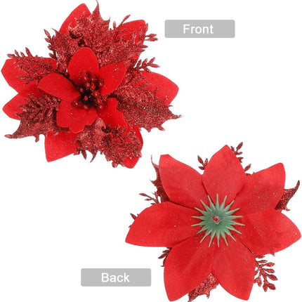 TOYANDONA 24 Pieces Christmas Glitter Poinsettia Flowers Christmas Tree Ornaments Artificial Flowers for Christmas Wreath Decoraiton (Red)