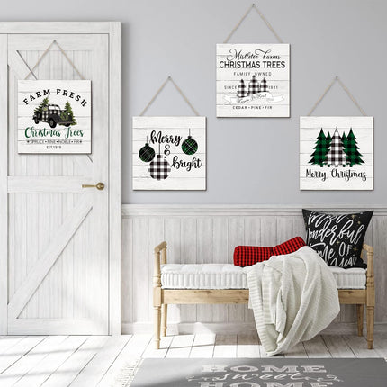 Gerrii 4 Pieces Christmas Wall Hanging Decor Merry Christmas Sign Christmas Trees Buffalo Plaid Truck Decor Wooden Farmhouse Hanging Plaque Xmas Wreath for Home Front Door Holiday Decor (Plaid Style)