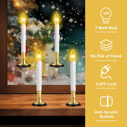 Verdenu 4 Pack Electric Christmas Window Candles, Window Candles with Sensor Dusk to Dawn Electric Corded, Brass Plated Electric Candles, Plug in Window Candle Light for Home/Christmas Decoration
