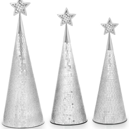 Silver Glass Christmas Trees Set of 3, 17" 15" 13" Small Tabletop Christmas Tree Handmade Disco Decor for Xmas Table Party Decoration