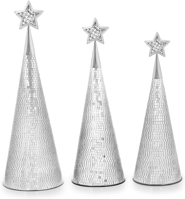 Silver Glass Christmas Trees Set of 3, 17" 15" 13" Small Tabletop Christmas Tree Handmade Disco Decor for Xmas Table Party Decoration