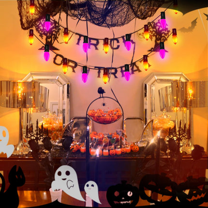 25FT C7 LED Purple Orange String Lights, Halloween Outdoor String Lights with 27 C7 LED Bulbs(2 Spare), Halloween Hanging Outdoor Lights for Patio, Backyard, Halloween Party Decoration, Black Wire