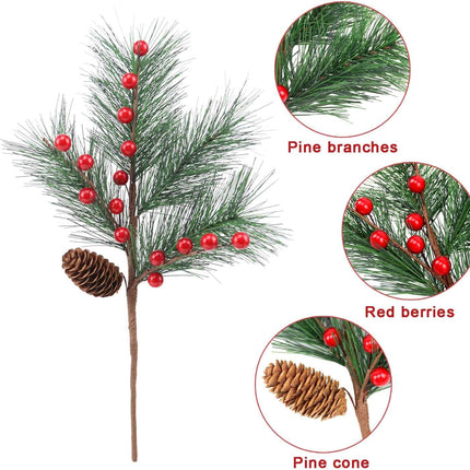 6 Pack Christmas Berries Pine Picks Christmas Flowers Artificial Red Berry Pine Branches Long Faux Pine Stems with Pinecones for Xmas Tree Wreath Floral Arrangement DIY Crafts Holiday Decor