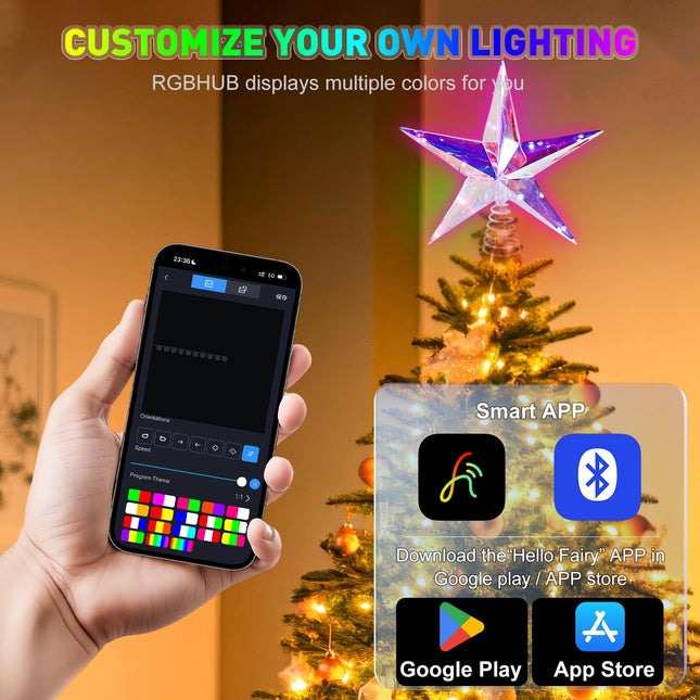 Christmas Tree Topper, 11.45" RGB 10 LED Lighted Xmas Star Tree Toppers Decorations Music Sync, Smart Multicolor Night Light Topper Stars Tree Holiday Decor W/Remote Control USB Plug in/Wire 16.4ft