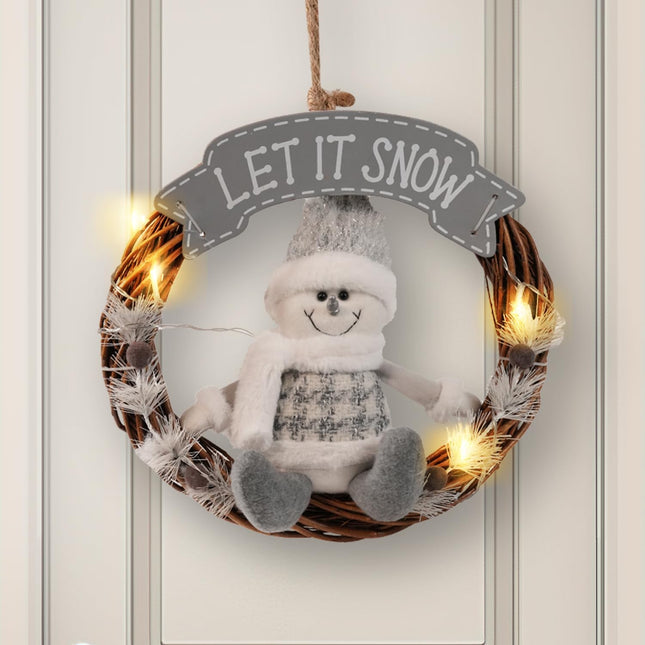 Christmas Decorations - Christmas Wreaths for Front Door,Artificial Christmas Snowman Wreath with Lights and Timer 13.5 Inch,Christmas Door Wreath for Indoor,Outdoor Home Decor