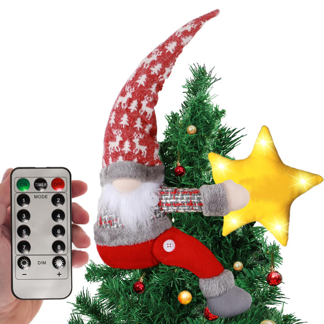Christmas Tree Topper Gnome Decorations with Lights,21.7 Inches Handmade Embrace Christmas Tree Gnome with Lighted Star，Christmas Home Decor Curtain Tie Wine Bottle Decoration (Red Hat)