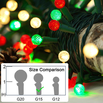 BOHON Red White and Green Christmas Lights Outdoor Faceted G15 50 LED 17ft Plug in Mini Globe String Lights Warm Waterproof Extendable Green Wire for Indoor Patio Xmas Thanksgiving Tree Decoration