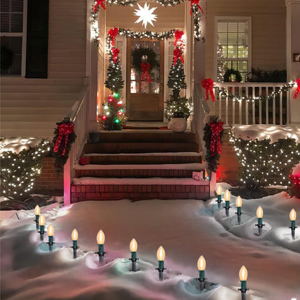 38FT LED Outdoor Christmas Pathway Lights,25 Warm White Extendable Waterproof Christmas Walkway Lights with C9 LED Bulbs and Stakes for Walkway Backyard Snowfield Christmas Decorations