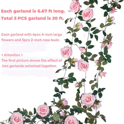 3 Pack Pink Flower Garland, Floral Garland for Birthday Party Table Mantel, 20 FT Large Rose Garland Artificial Rose Vine, Fake Rose Vine Hanging for Wedding Arch Flower Wall Backdrop Christmas