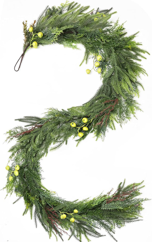 6ft Artificial Norfolk Pine Christmas Garland with Green Berries, Real Touch Winter Greenery Garland Decor for Home, Fireplace, Wall, Porch, Table, Mantle, Indoor Outdoor Decoration