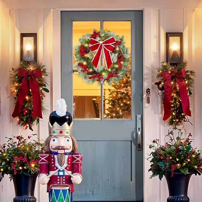 N&T NIETING 20 Inch Christmas Wreath with Lights for Front Door Pre-lit Wreaths with Bow Berries Pinecones Battery Operated 8 Lighting Modes Timer for Kitchen Wall Fireplace Indoor Outdoor Xmas Decor