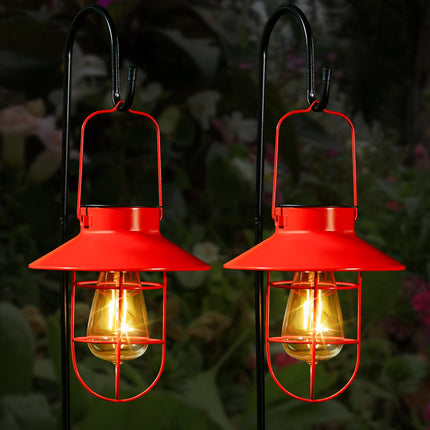 2 Pack Solar Lights Lantern Lamp with Shepherd Hook, Christmas Outdoor Decor, Solar Lantern,Metal Waterproof Edison Bulb Lights , Outdoor Garden Decorations Lights for Yard and Pathway (Red)