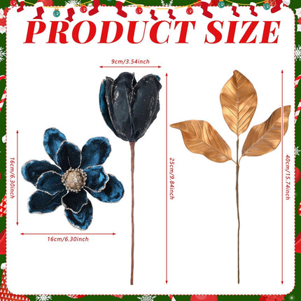 12 Pcs Christmas Glitter Artificial Flower Set 6 Magnolia Flower 6 Magnolia Leaves Picks Christmas Tree Wreath Decor Artificial Floral Ornaments for Xmas Party Holiday (Peacock Blue)